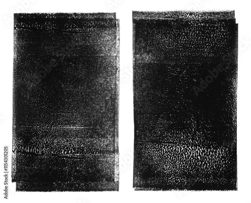 Linocut, relief printing layered rectangle grungy textures set. Black and white artistic linocutting text backgrounds, uneven edge. Paint roller stains collection, textured lino ink remains
