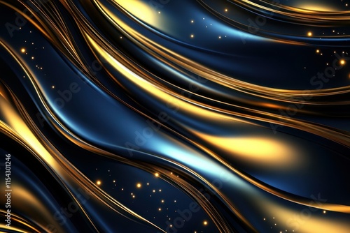 Smooth Elegant Waves of Blue and Gold in a Luxurious Abstract Design with a Shimmering Surface and Glittering Stars Enhancing the Visual Appeal and Depth