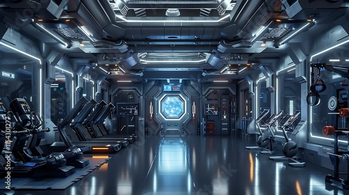 Gym interior with futuristic space theme, silver and black colors, and LED lights