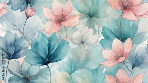 A seamless abstract floral texture with flowing petals in translucent watercolor layers, softly lit to highlight the intricate details and evoke a peaceful, modern artistic vibe