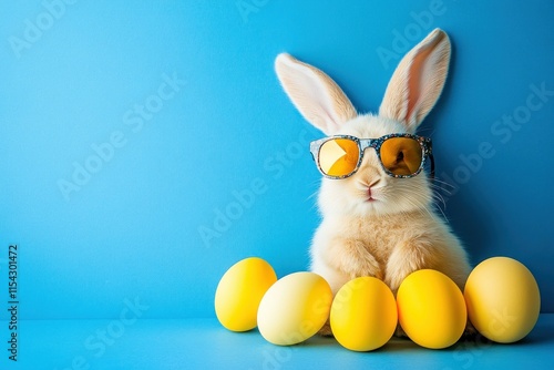 Cute rabbit wearing sunglasses with yellow eggs on colorful blue background – perfect for Easter celebrations, spring themes, and playful animal illustrations