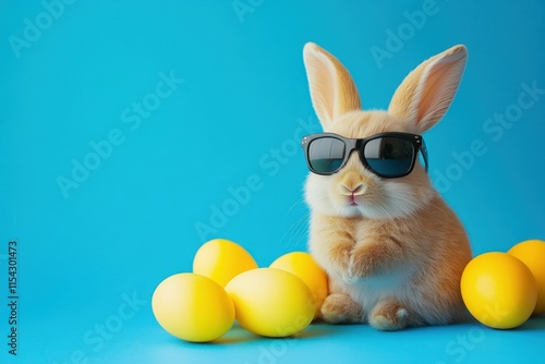 Cute Bunny Wearing Sunglasses Surrounded by Yellow Easter Eggs, Perfect for Spring Celebrations, Family Gatherings, or Festive Marketing Campaigns