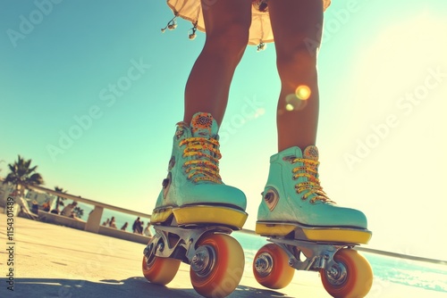 Vibrant Roller Skates by the Beach Under Bright Sunlight with Glowing Wheels and Playful Atmosphere, Perfect for Summertime Fun and Recreation Activities