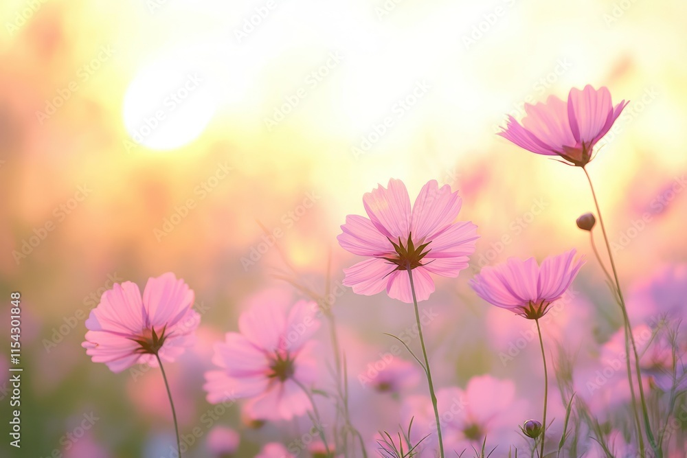 Delicate Pink Cosmos Flowers Bathed in Soft Golden Light at Sunset, Creating a Peaceful and Serene Atmosphere in Nature's Beautiful Garden