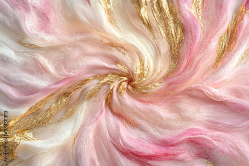 Swirling Abstract Fabric Design with Pink, White, and Gold Accents for Textile, Wallpaper, and Background Use, Capturing Elegance and Softness in Motion