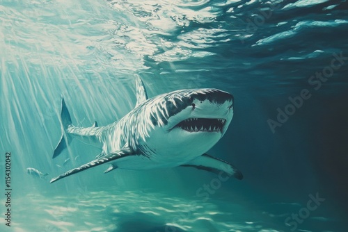 A great white shark swimming in the open ocean, ideal for underwater or sea-life related projects photo