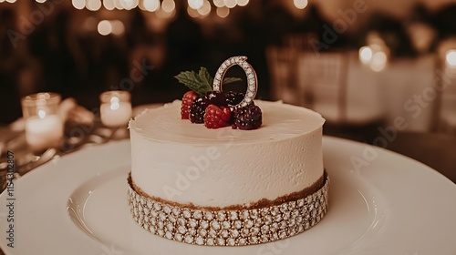 Elegant mini cheesecake adorned with fresh berries and a diamond-encrusted 'O' topper.  Soft lighting and blurred background create a romantic ambiance. Perfect for a wedding or special event.