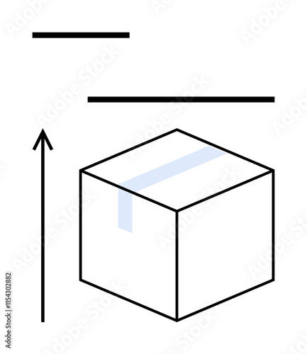 Cube with taped seam upward arrow and horizontal lines. Ideal for themes of movement, direction, order, minimalism, structure, geometry, conceptual art. Line metaphor