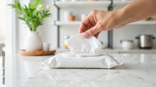 Hand reaching for wet wipes from pack on a kitchen countertop for convenience and cleanliness concept