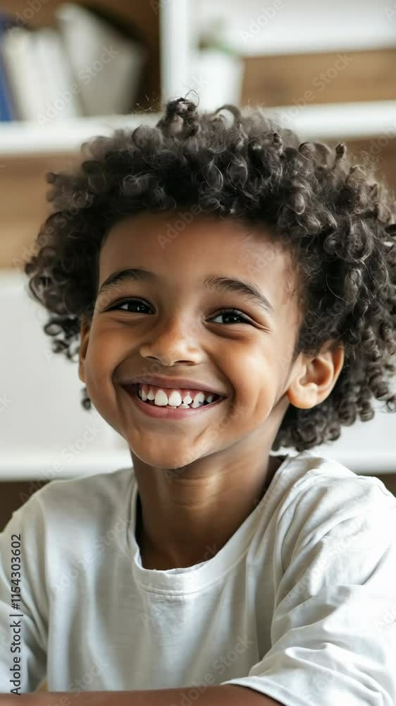 Smiling child with curly hair enjoys a moment of fun indoors at home, showcasing joy and playfulness Smiling child with curly hair enjoys a moment of fun indoors at home, showcasing joy and playfulness