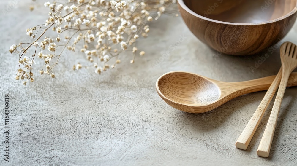 Natural wooden utensils on light rustic background Natural wooden utensils on light rustic background