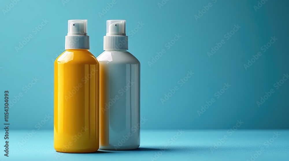 Two bottles of spray sit next to each other on a blue surface Two bottles of spray sit next to each other on a blue surface
