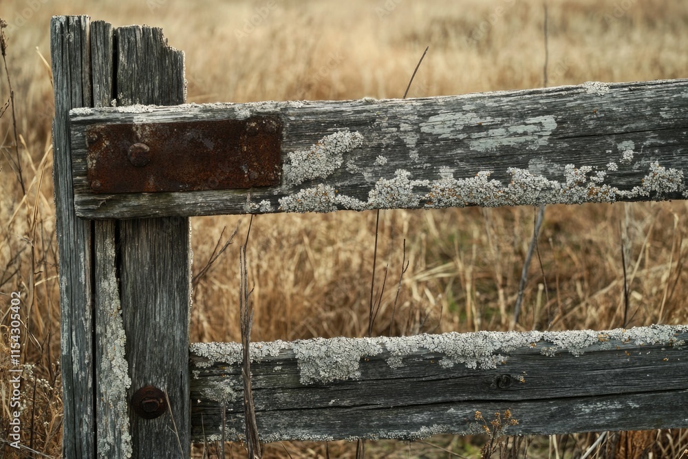 Fototapeta premium A close-up shot of a weathered wooden fence standing tall in a green field
