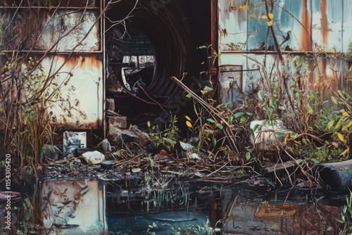 A historic building with a damaged entrance, perfect for use in scenes related to decay or abandonment photo