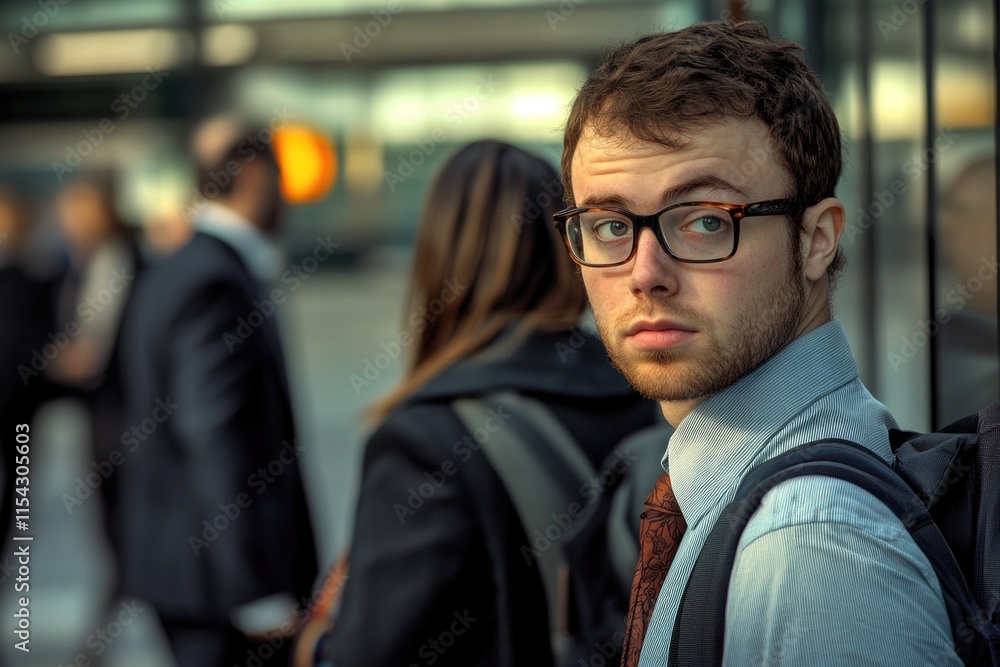 A person wearing glasses and carrying a backpack on a urban street A person wearing glasses and carrying a backpack on a urban street