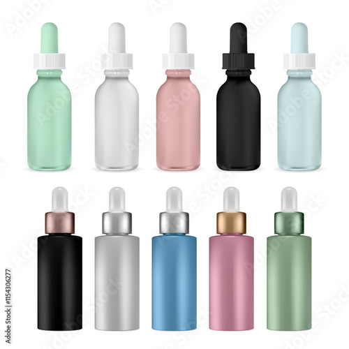Face serum eyedropper bottle, matt glass jar vector mockup. Essential aroma oil flacon template. Pipette dropper moisturizer treatment vial with green, silver and golden cap. Face care cosmetic