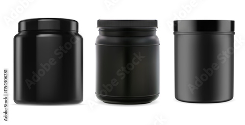 Sport supplement, bcaa, whey protein bottle set. Black plastic jar mockup. Muscle power gainer container illustration. Realistic amino pill vitamin package for bodybuilding. Creatine can