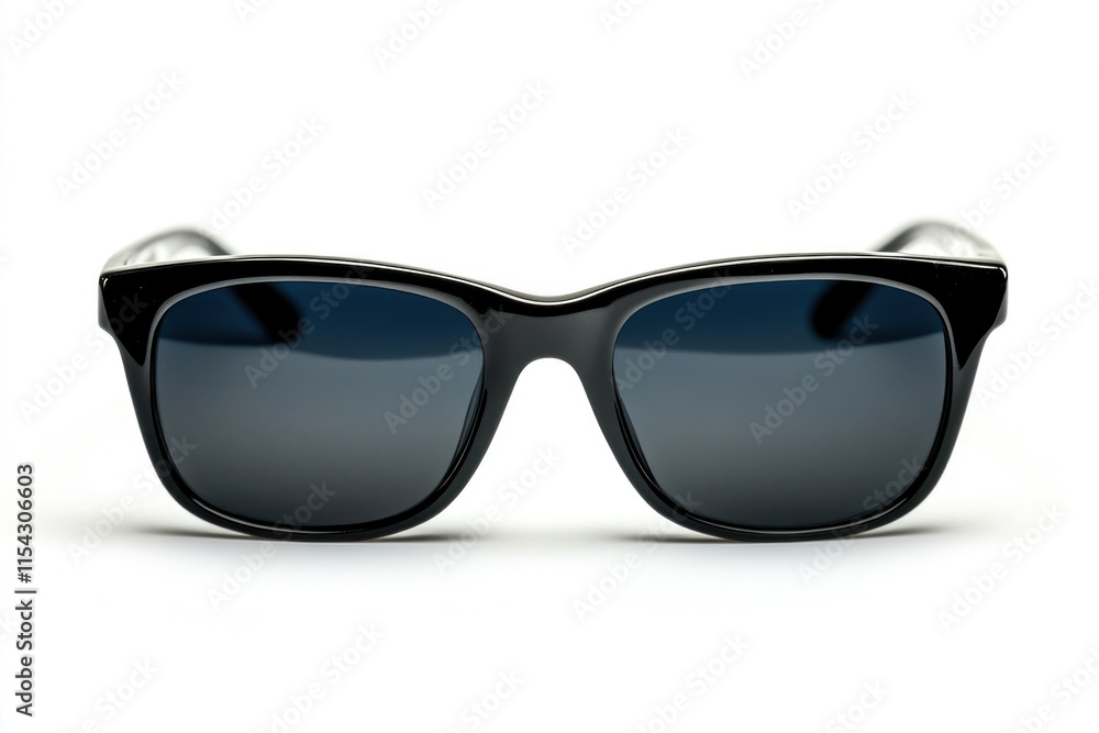 Black sunglasses on white background: classic design with dark lenses and thin frames, chic accessory suitable for everyday wear or outdoor activities. Black sunglasses on white background: classic design with dark lenses and thin frames, chic accessory suitable for everyday wear or outdoor activities.