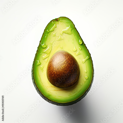 A flawless avocado, elegantly positioned on a pure white background. The absence of shadows enhances the avocado's natural contours and texture, creating a clean and focused presentation. 