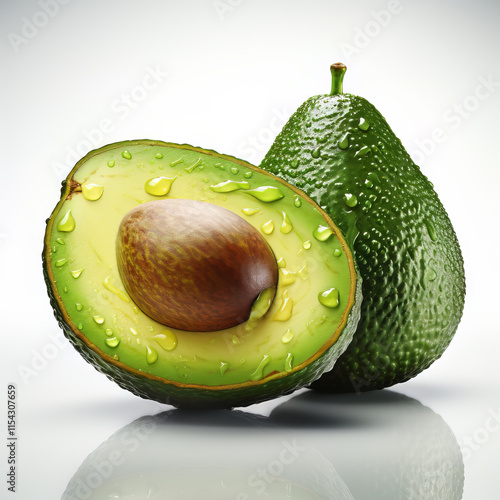 A flawless avocado, elegantly positioned on a pure white background. The absence of shadows enhances the avocado's natural contours and texture, creating a clean and focused presentation. 