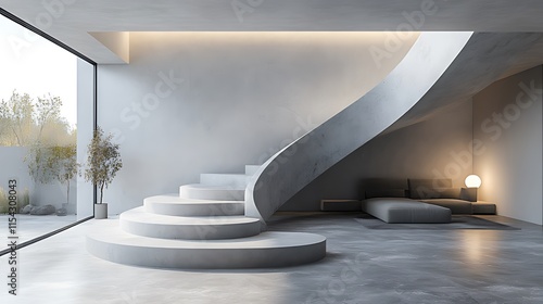 Modern minimalist home interior with curved concrete staircase, large window, and seating area.
