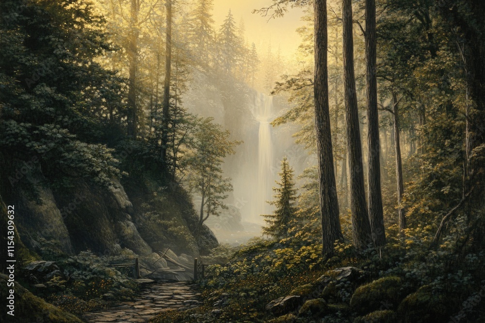 Obraz premium A serene waterfall cascades down rocky cliffs amidst lush foliage