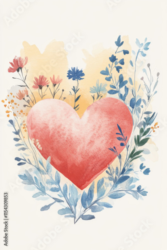 A vibrant heart shape is enveloped by a variety of colorful flowers and leafy plants, creating a harmonious and romantic atmosphere