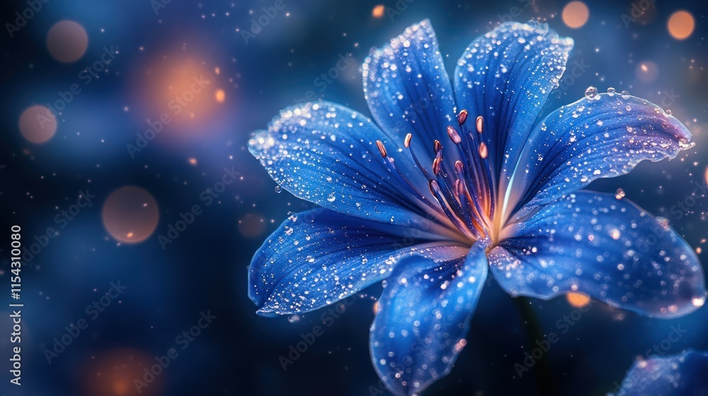 Dew-kissed blue flower with bokeh lights. Dew-kissed blue flower with bokeh lights.