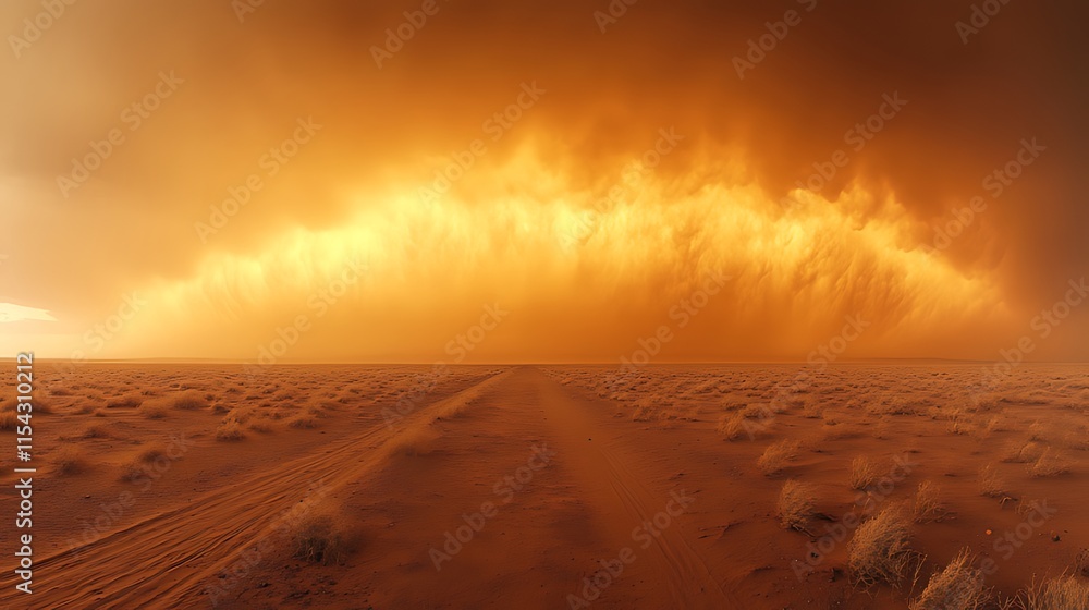 Naklejka premium Dramatic dust storm over desert road at sunset.