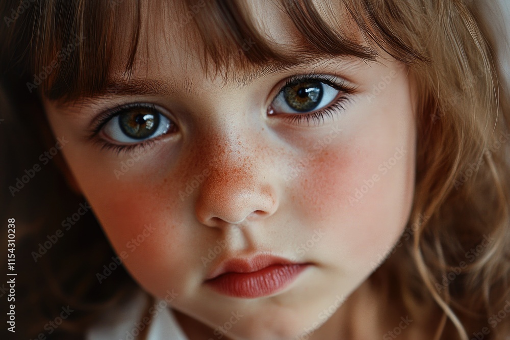 Close-up shot of a young girl's face featuring freckles Close-up shot of a young girl's face featuring freckles