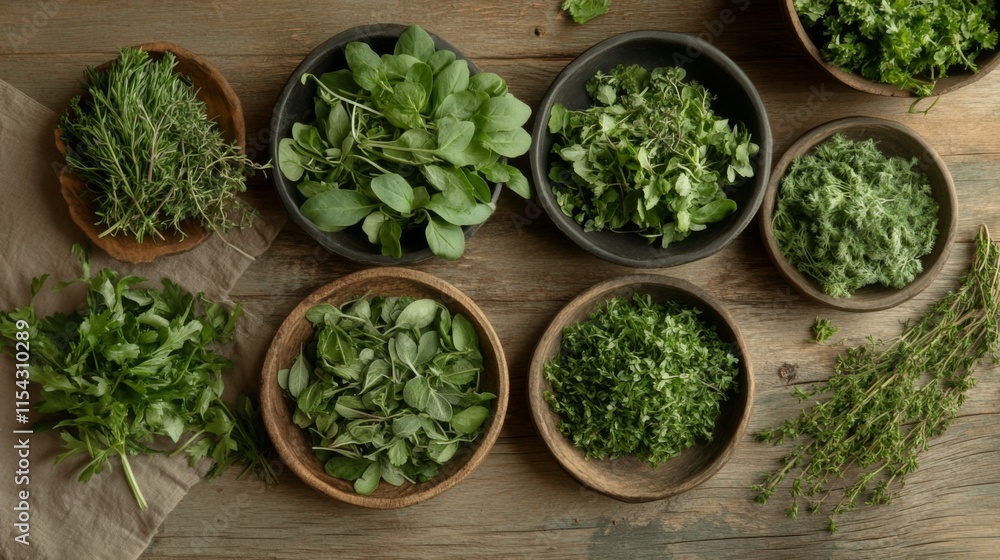 Fresh Herbs Displayed on Wooden Table from Above Fresh Herbs Displayed on Wooden Table from Above