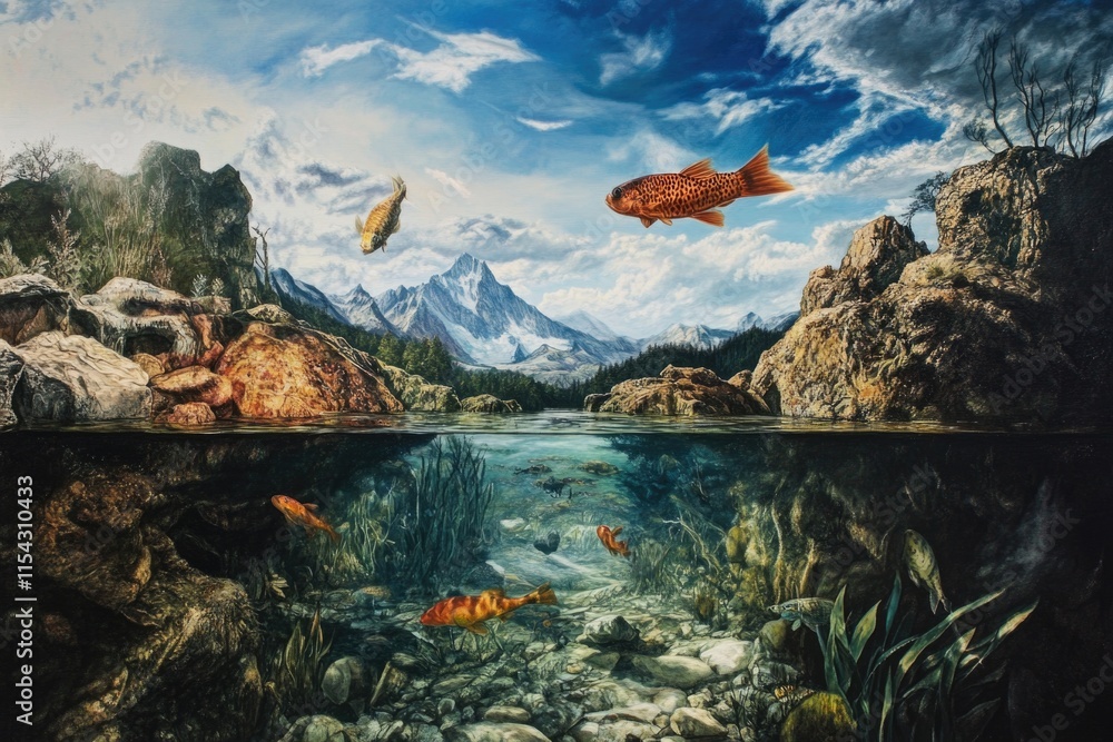 Obraz premium A fish swimming in a calm lake with surrounding water plants and sunlight reflections