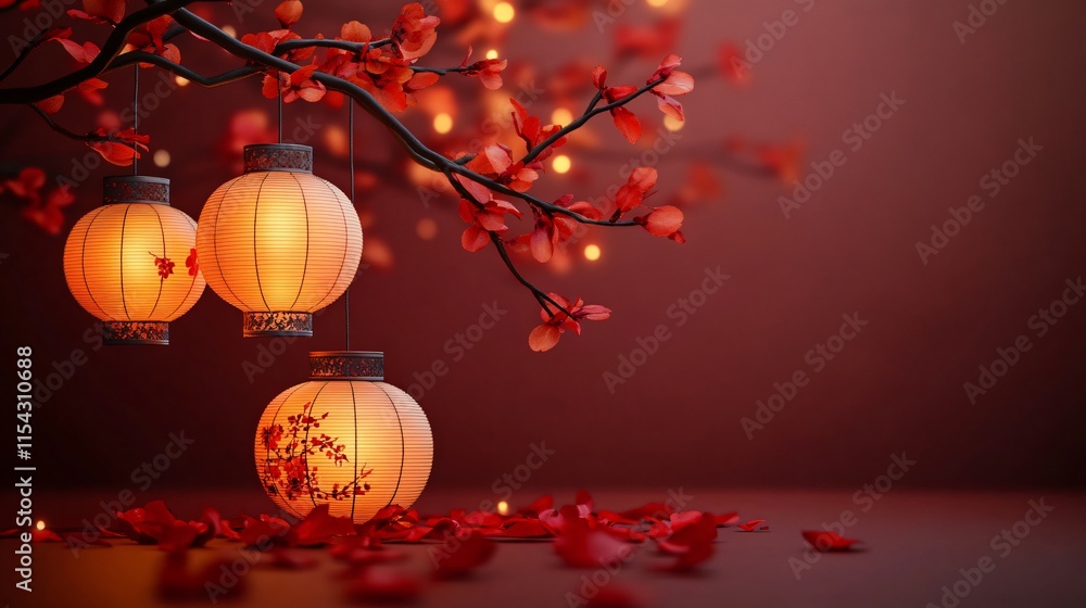 A serene scene featuring hanging lanterns and autumn leaves, perfect for Dongzhi, Chinese New Year, and Mid-Autumn Festival designs, evoking tranquility and celebration. A serene scene featuring hanging lanterns and autumn leaves, perfect for Dongzhi, Chinese New Year, and Mid-Autumn Festival designs, evoking tranquility and celebration.