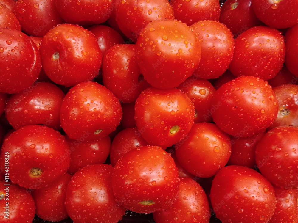 Close-up of ripe red tomatoes covered with water drops Close-up of ripe red tomatoes covered with water drops