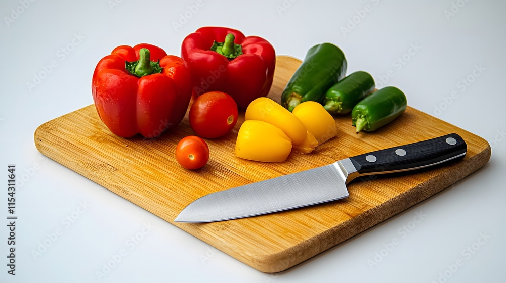 Fresh red, yellow, and green bell peppers, along with cherry tomatoes, are arranged on a bamboo cutting board with a chef's knife. Ready for cooking! Fresh red, yellow, and green bell peppers, along with cherry tomatoes, are arranged on a bamboo cutting board with a chef's knife. Ready for cooking!