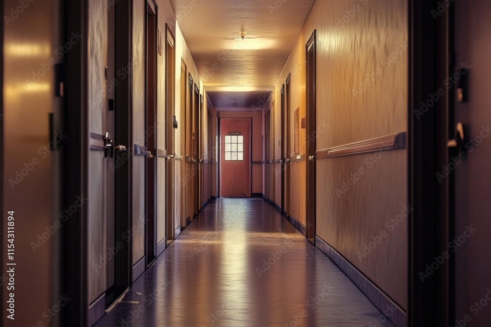 A long hallway with a single door and window, perfect for interior design or architectural photoshoots A long hallway with a single door and window, perfect for interior design or architectural photoshoots