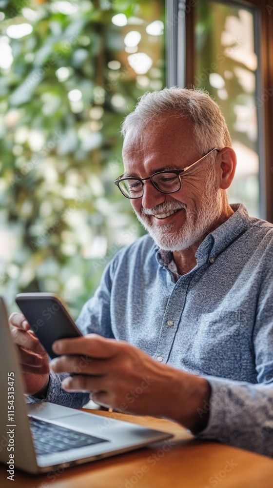 Cheerful senior man with gray beard and glasses enjoying social media on smartphone while working remotely from home office with laptop in natural lighting. Cheerful senior man with gray beard and glasses enjoying social media on smartphone while working remotely from home office with laptop in natural lighting.