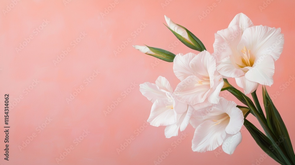 Elegant White Gladiolus Flowers on Soft Pink Background Elegant White Gladiolus Flowers on Soft Pink Background