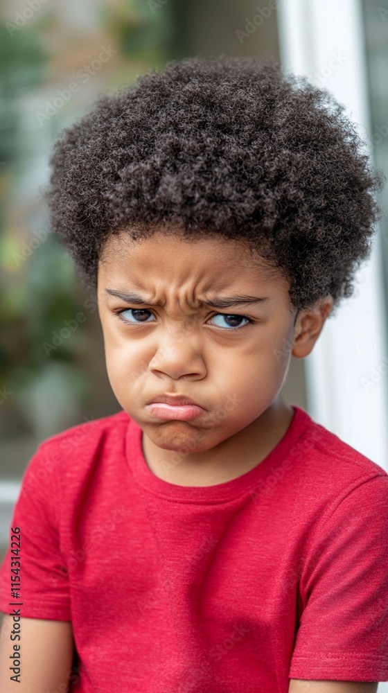 Close-up portrait of a young child with natural curly hair wearing a bright red t-shirt, expressing strong disapproval with furrowed brows and pouting lips in a candid moment. Close-up portrait of a young child with natural curly hair wearing a bright red t-shirt, expressing strong disapproval with furrowed brows and pouting lips in a candid moment.