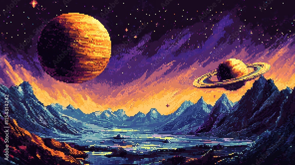 Fototapeta premium Vibrant Digital Painting: Alien Landscape with Majestic Planets at Sunset. AI Generated