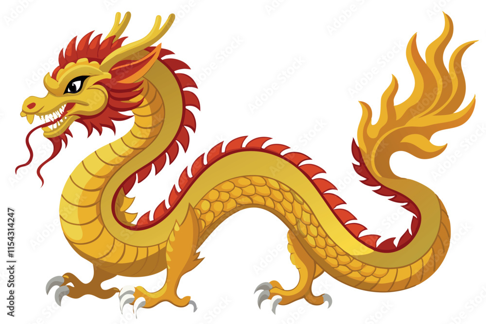 Fototapeta premium Golden traditional Chinese Dragon Vector flat illustration