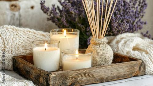 Wallpaper Mural Tranquil home decor with candles and lavender on a cozy wooden tray Torontodigital.ca