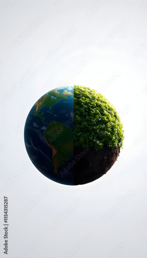 Half of earth is polluted and half of earth is clean, Side lit, with white tones Half of earth is polluted and half of earth is clean, Side lit, with white tones