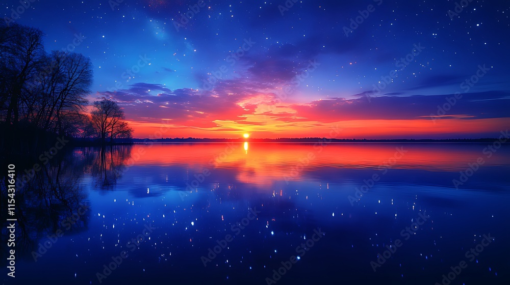 Serene sunset over calm lake reflecting vibrant sky with stars and trees. Serene sunset over calm lake reflecting vibrant sky with stars and trees.