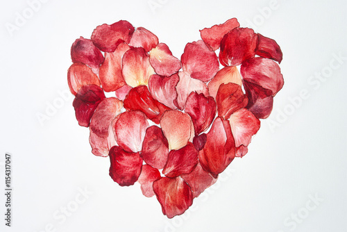 Wallpaper Mural Vibrant red rose petals are arranged in a heart shape against a clean white background, symbolizing love and affection. The delicate petals enhance the visual appeal and convey a sense of romance Torontodigital.ca