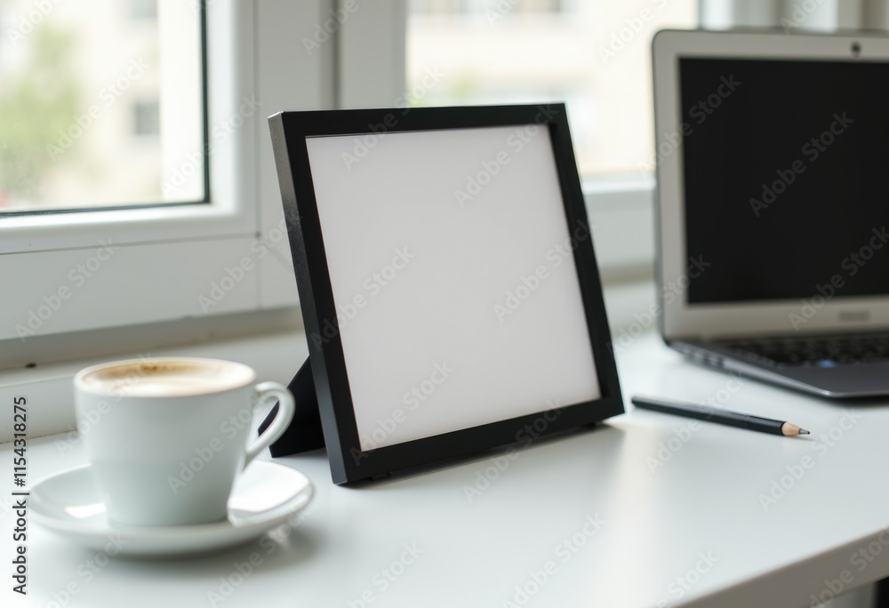 Fototapeta premium Modern Minimalist Workspace Featuring Sleek Black Photo Frame Laptop and Coffee