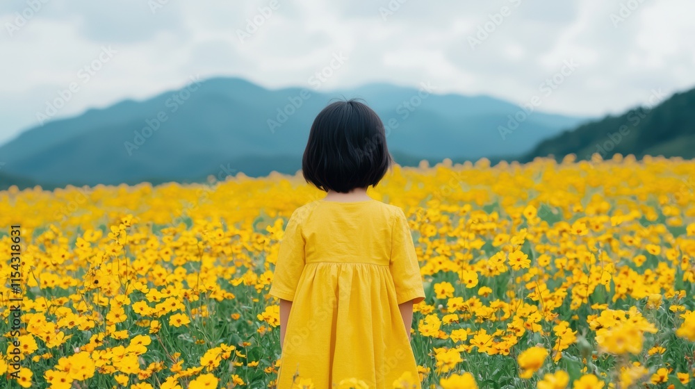 Child in Yellow Dress Stands Amidst Bright Yellow Flowers Landscape Child in Yellow Dress Stands Amidst Bright Yellow Flowers Landscape
