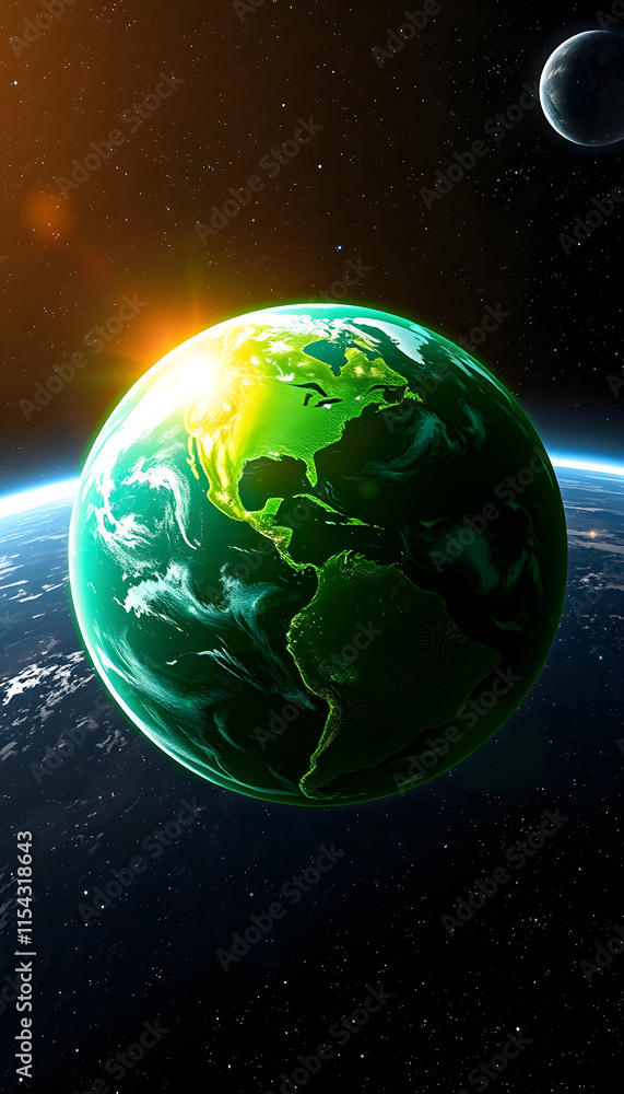 Naklejka premium Green Earth from space with sunrise and starry sky. Environmental concept