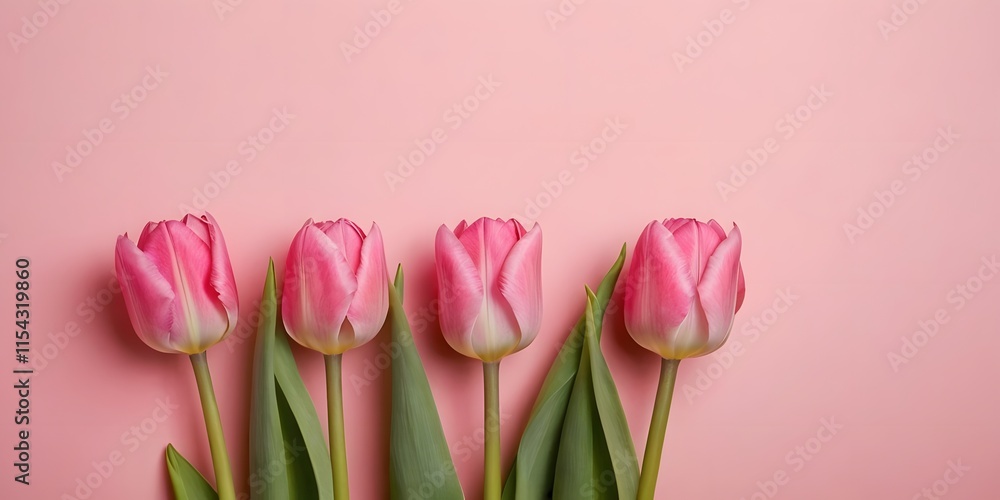 Fototapeta premium Spring flower composition featuring a bouquet of pink tulips on a pastel pink background. copy space for text