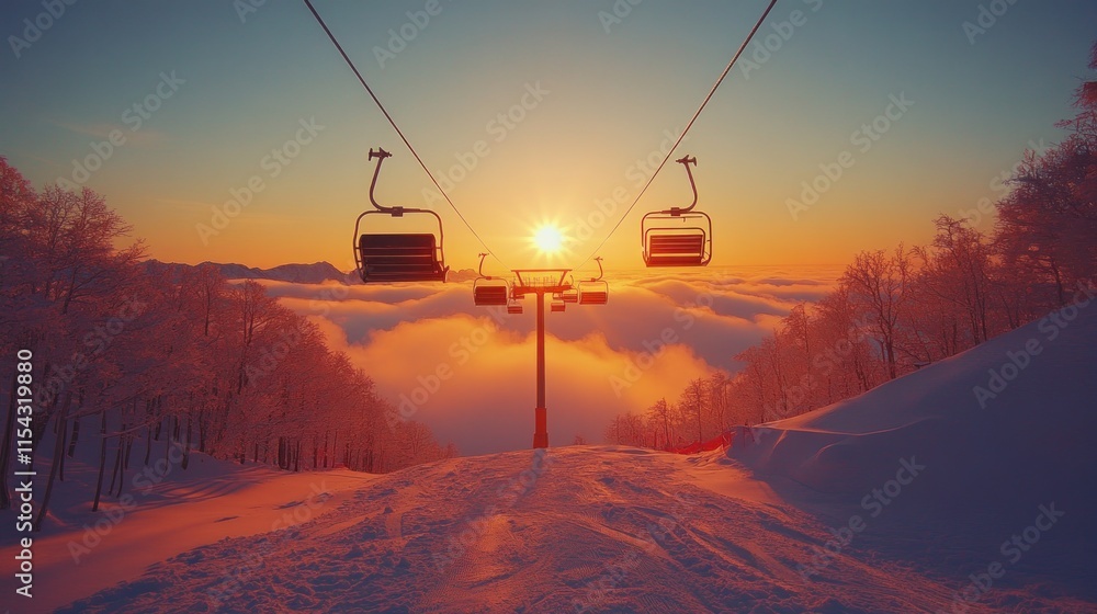 Sunset ski lift over snowy mountain. Sunset ski lift over snowy mountain.